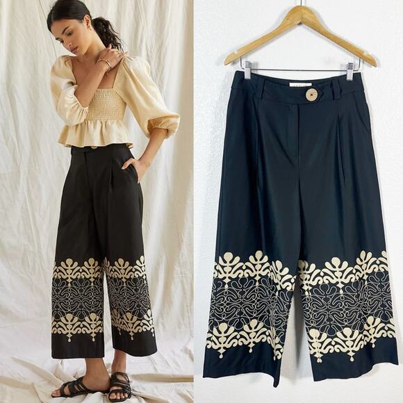 Exquise by Anthropologie Womens Abstract Embroidered Wide Leg Pants in Black L - Picture 1 of 15